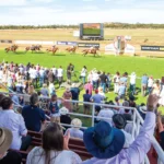 Spectators at a racetrack watch as a group of horses gallop toward the finish line, with a large video screen displaying the race in the background.