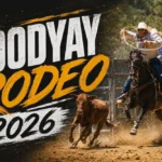 Promotional graphic for the Toodyay Rodeo 2026 showing a cowboy on horseback chasing a calf.